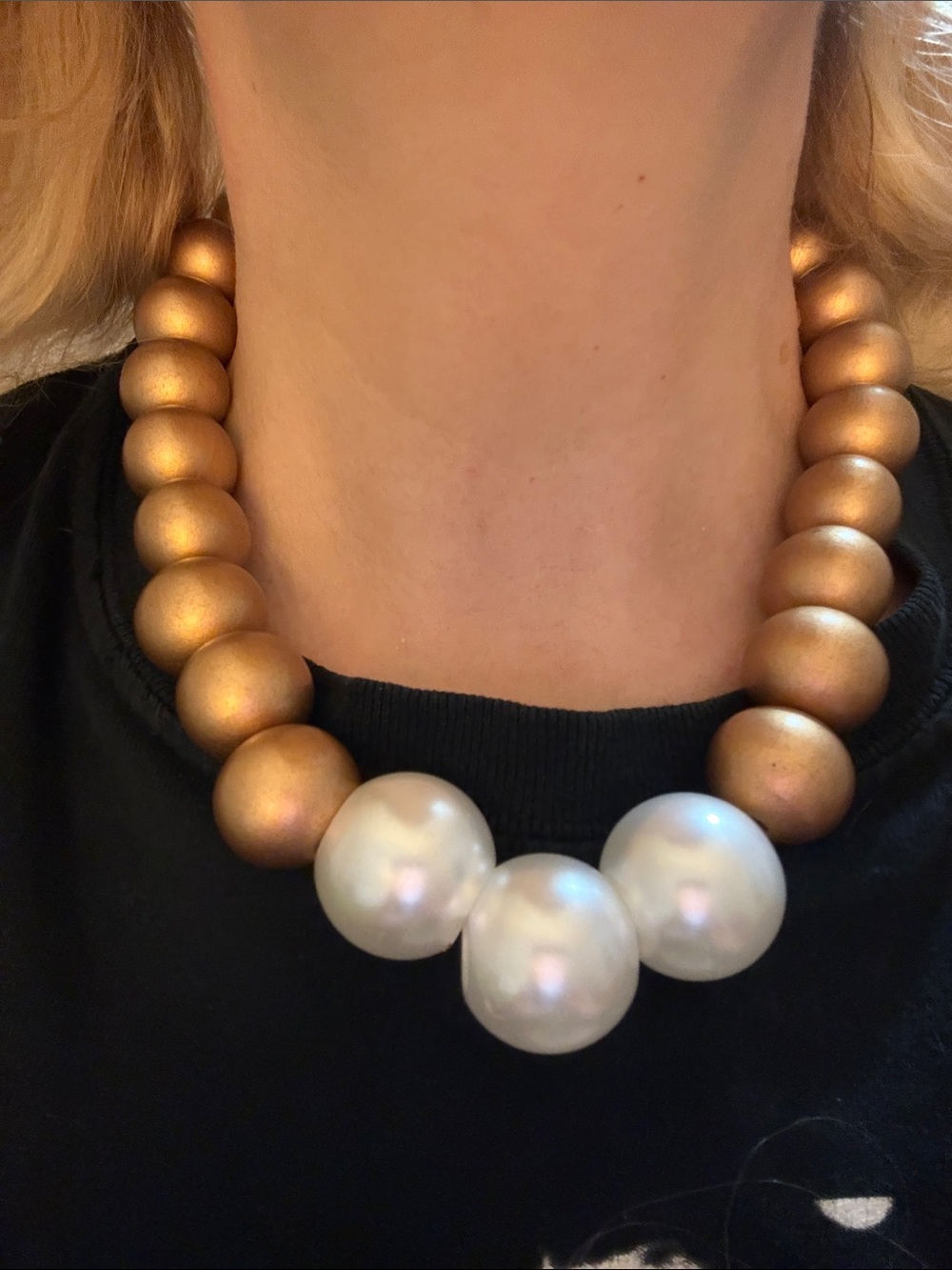 Hand-Crafted Gold Beaded Necklace with Large White Pearl Accents